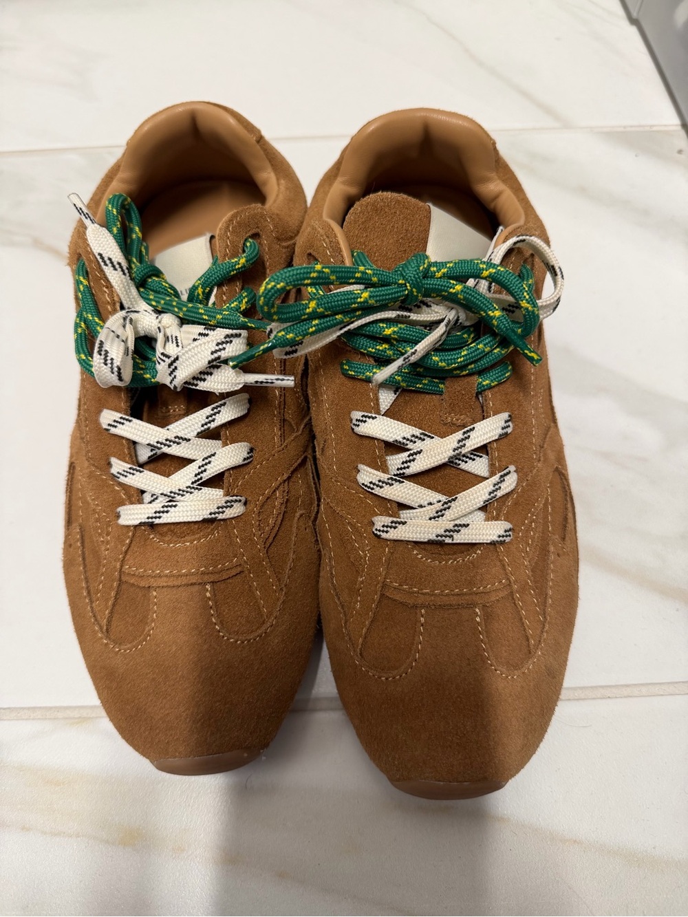 Steve Madden Suede Sneakers in Brown with White & Green Laces